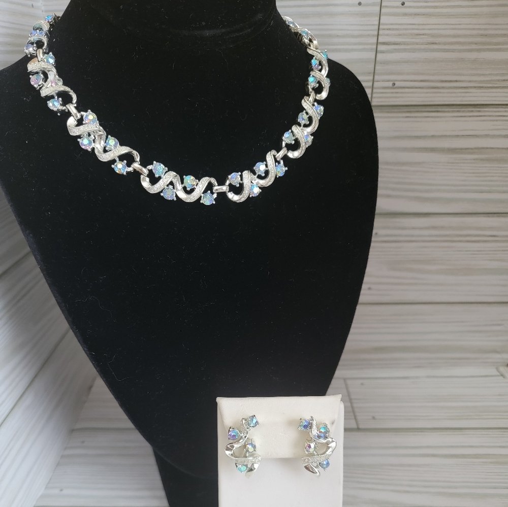 Vintage Coro AB Rhinestone Necklace & Clip Earrings Set Silver Tone